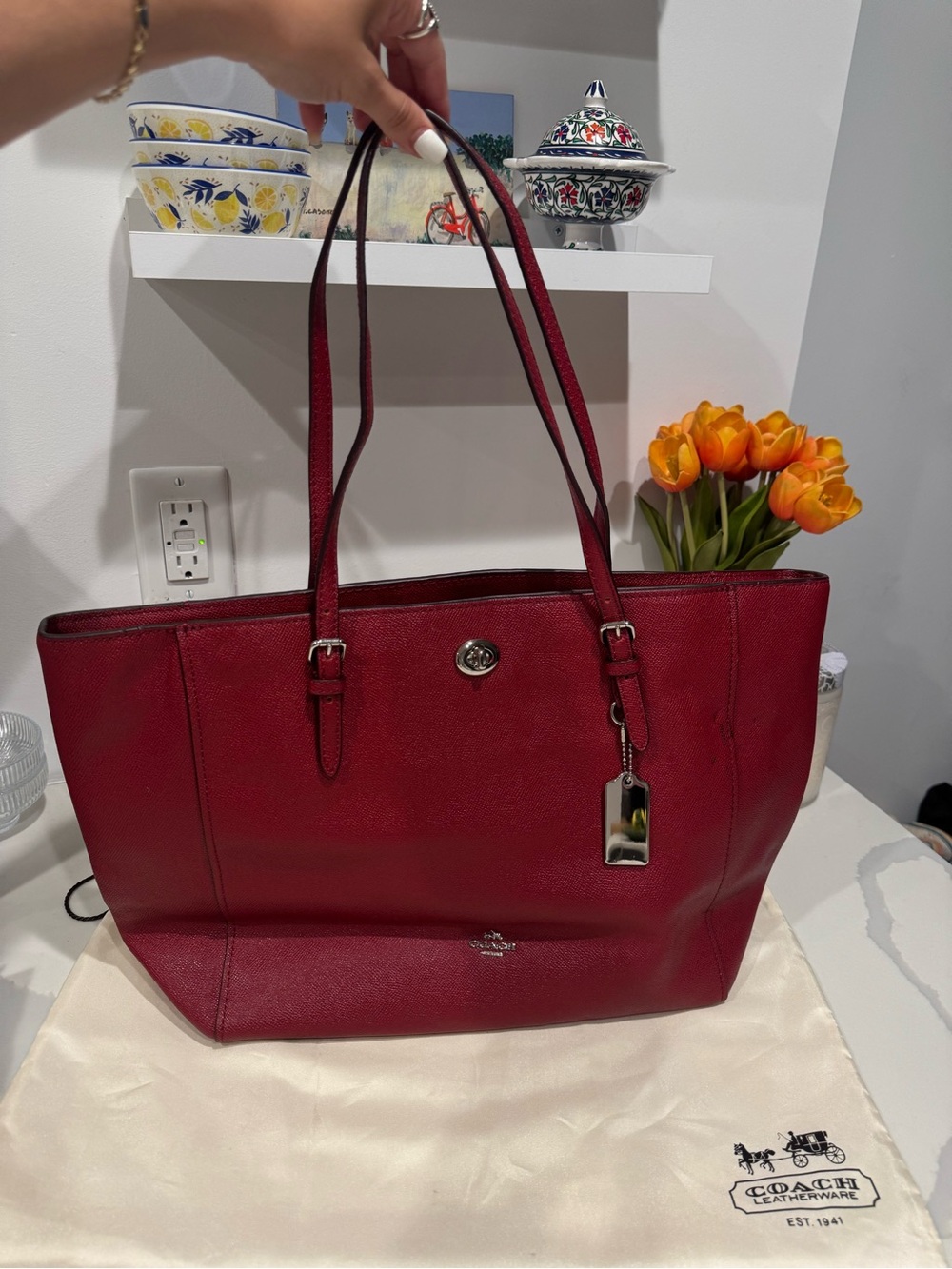 Coach Red Leather Double-Handle Tote with Hangtag